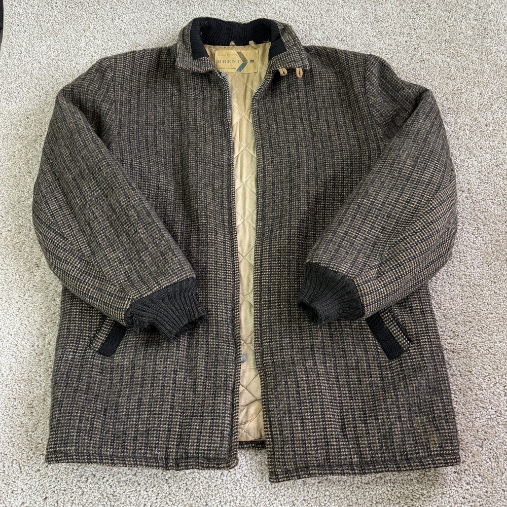 Vintage Brent Sportsman Jacket Mens M Brown Wool Tweed Bomber Quilted Lined Zip